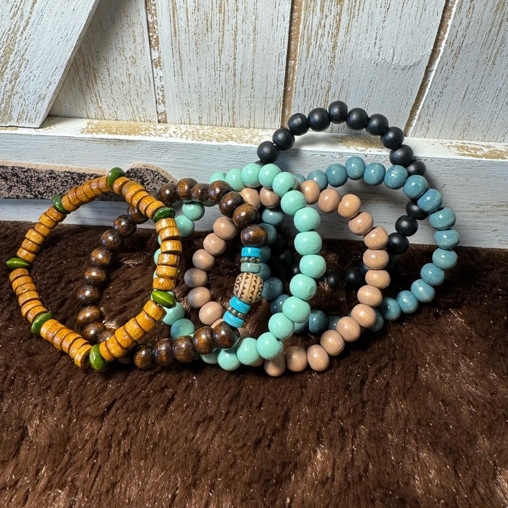 6 Wooden Beaded Bracelets handmade exquisite colors that pop unisex